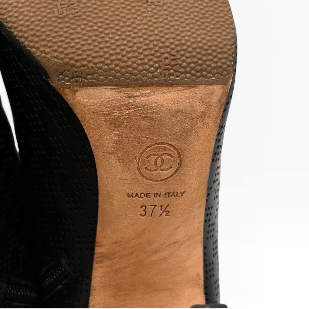 Chanel CC Heel Peep Toe Booties COA 37.5 Black Gold Perforated Leather 4" BOX - Picture 10 of 12